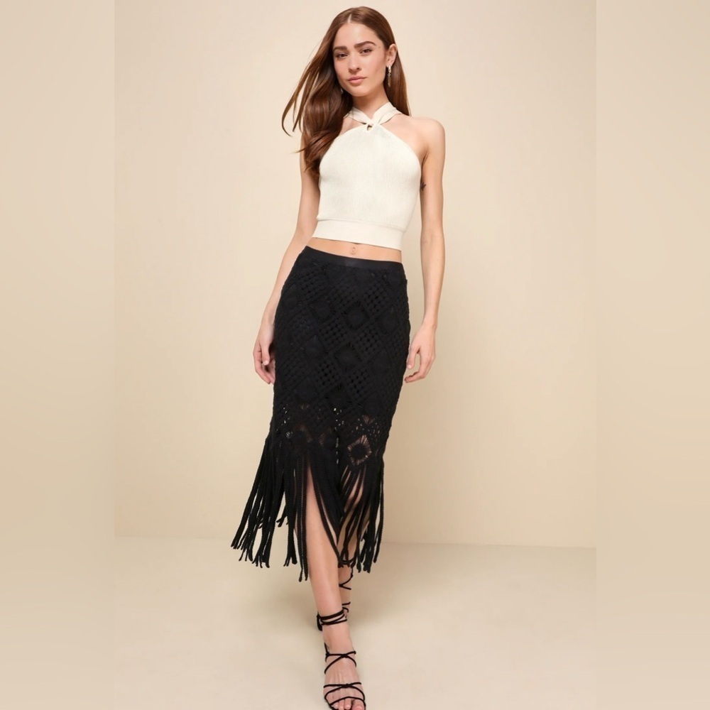 Lulus Black Crochet Fringe Midi Skirt